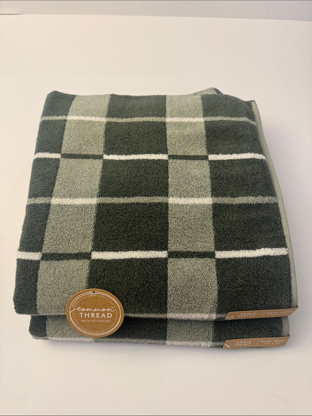 2pc COMMON THREAD 100% Zero Twist Cotton Checkered Bath Towel Set -Thyme/Dese